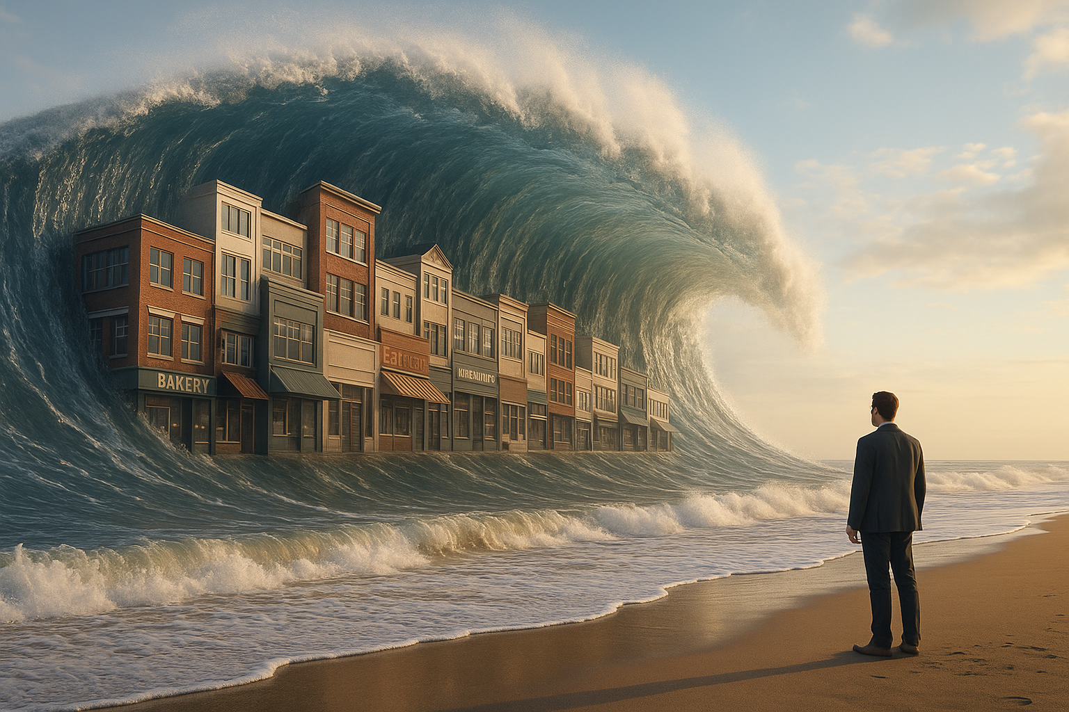 Silver tsunami wave made of small businesses approaching a buyer.