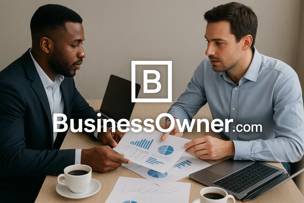 Two professionals sit across a table with financial documents, laptops, and coffee, reviewing business details with the BusinessOwner.com logo overlay.
