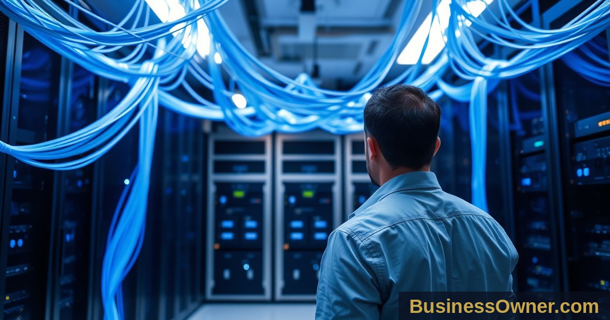 An anonymous figure stands in a dim server room watching blue fiber optic cables connect to secure hardware racks.