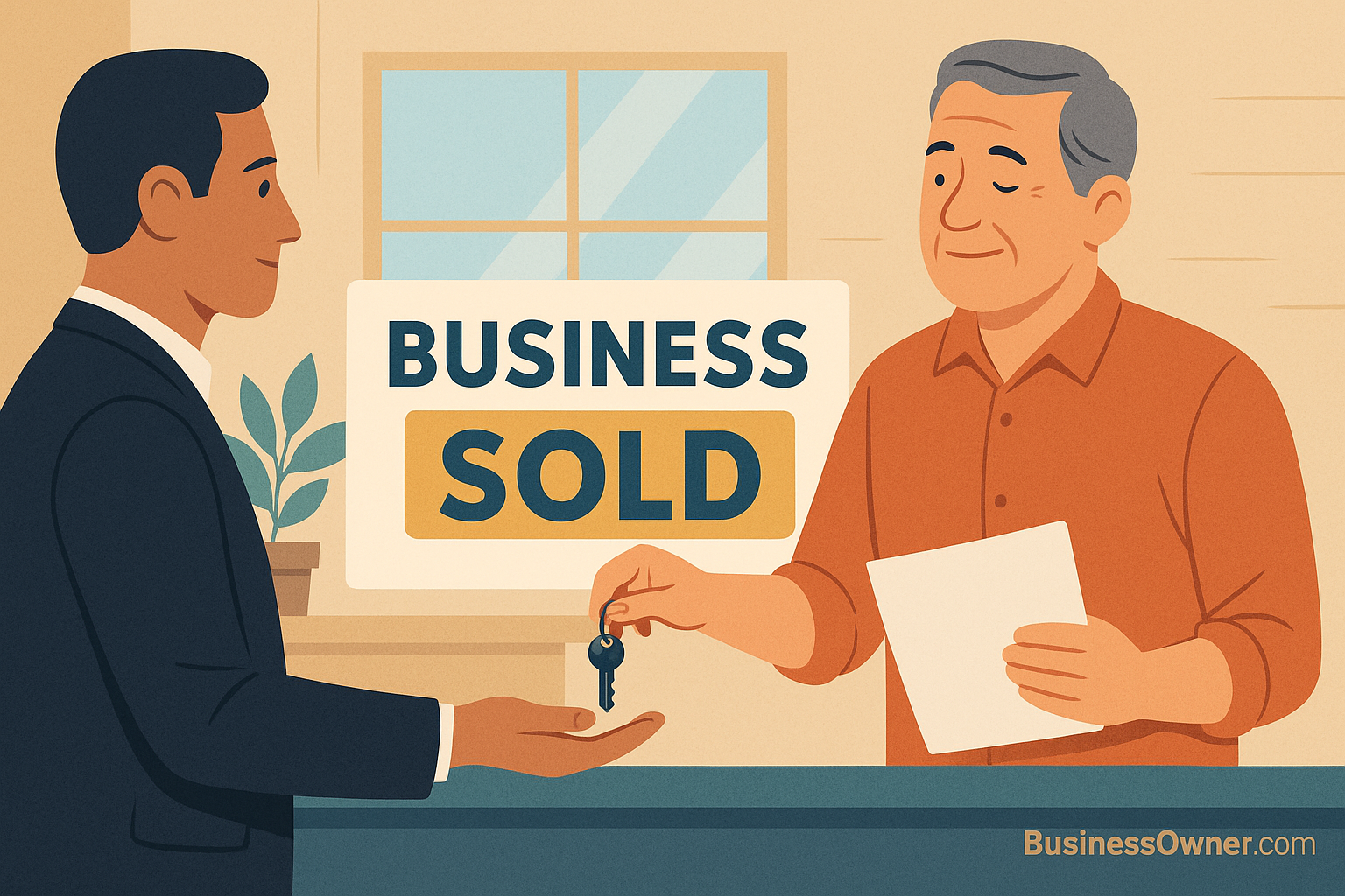 “Vector illustration of a smiling older business owner handing over keys and documents to a younger buyer in a suit. A large ‘Business Sold’ sign is displayed in the background, with the BusinessOwner.com logo in the corner.”