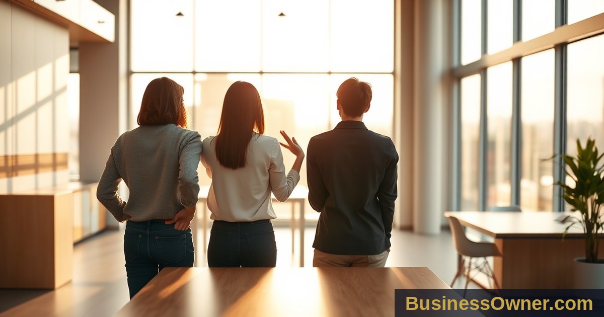 Three young business owners look out toward an empty office space in a sunlit modern workspace.