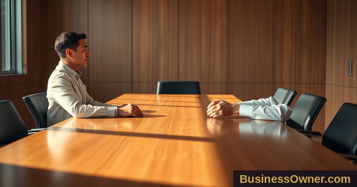Two blurred figures sit at a sunlit wooden table in a quiet office, suggesting calm business transition.